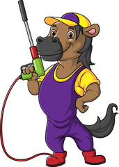 A horse cartoon mascot for car wash holding a High Pressure washer gun Jet Spray