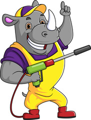 A rhino cartoon mascot for car wash holding a High Pressure washer gun Jet Spray