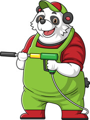 A panda cartoon mascot for car wash holding a High Pressure washer gun Jet Spray