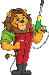 A lion cartoon mascot for car wash holding a High Pressure washer gun Jet Spray