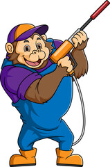 A monkey cartoon mascot for car wash holding a High Pressure washer gun Jet Spray