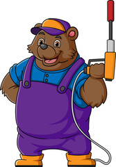 A bear cartoon mascot for car wash holding a High Pressure washer gun Jet Spray