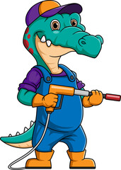 A crocodile cartoon mascot for car wash holding a High Pressure washer gun Jet Spray