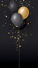 3d realistic golden air balloon on black background with text and glitter confetti