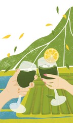 自然の中で乾杯する男女のイラスト_春夏イラスト アトリエマユコ