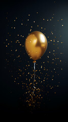 Fototapeta premium 3d realistic golden air balloon on black background with text and glitter confetti