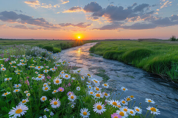 A beautiful sunset over the Dutch polder with wild daisies and grasses growing along its banks, and a small river running through it. Created with Ai - obrazy, fototapety, plakaty