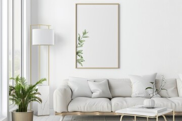Scandinavian style living room with poster mockup created with generative ai