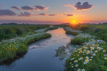  A beautiful photo of the sunset over an idyllic Dutch polder with wild flowers and daisies growing along its banks, with a small creek running through it. Created with Ai - obrazy, fototapety, plakaty