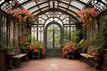 Fototapeta na wymiar Antique Greenhouse Conservatory Designs: Cast Iron Gates & Espaliered Fruit Walls