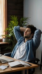 A young man leans back in his chair and stretches, taking a break from his work. He has been working for hours and needs to rest his eyes.