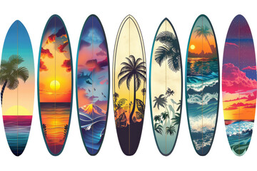 A row of surfboards with different designs and colors - obrazy, fototapety, plakaty