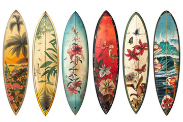 A row of surfboards with different designs and colors