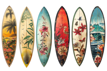 A row of surfboards with different designs and colors