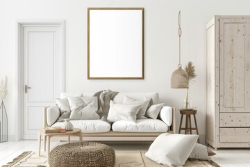 Scandinavian style living room with poster mockup created with generative ai