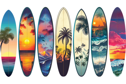 A row of surfboards with different designs and colors