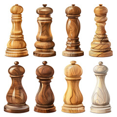 A set of wooden chess pieces with a white and brown color scheme