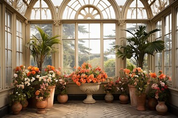 Fototapeta na wymiar Palm House Paradise: Antique Greenhouse Conservatory Designs Brimming with Exotic Blooms