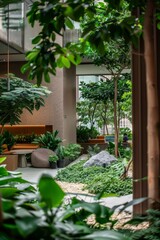 A tranquil office garden oasis, where employees can take a break and recharge amidst lush greenery and the sound of chirping birds, Generative AI