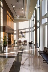 Obraz premium A tranquil office lobby adorned with contemporary artwork, where employees and visitors are greeted by the gentle glow of sunrise, Generative AI