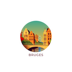 Bruges cityscape, vector badge, flat skyline logo, icon. Belgium city round emblem idea with landmarks and building silhouettes. Isolated graphic