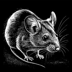 Realistic Cute Mouse Illustration in Engraving Style, White on a Black Background, using Negative Space. AI generated.