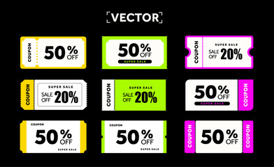 Special set of coupons template with coupon code, percentage off. Voucher icon set, isolated on dark background. Coupon code set. Vector illustration. Vector illustration