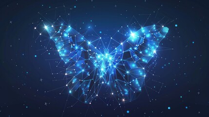 with abstract blue shiny starry butterfly silhouette on the dark background AI generated