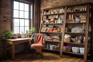Crafting Nooks and Organized Shelves: Artisan Textile Mill Loft Concepts - obrazy, fototapety, plakaty