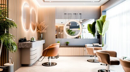 A room with chairs and a mirror in which plants grow, a hairdresser salon