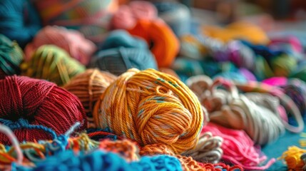 Colorful and cozy wool yarns lay spread out on the table inviting you to knit or crochet Delving into the art of crochet or knitting can be a therapeutic practice that connects us to our anc - obrazy, fototapety, plakaty