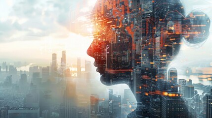 Obraz premium Against a defocused backdrop of city streets and highrise buildings the fusion of man and machine takes on a futuristic and highly advanced form. The human element is ly discernible .