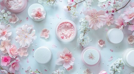 Fototapeta na wymiar Handcrafted cosmetics adorned with delicate paper and blossoms