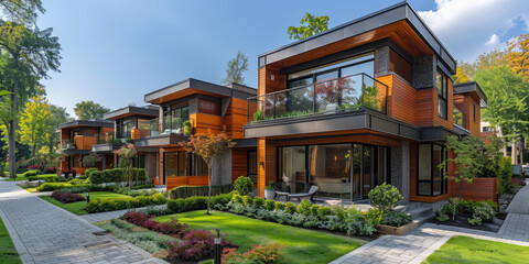 Modern townhouses with wood cladding and large windows, showcasing the exterior design of modern architecture in the style of Canada's heritage. Created with Ai