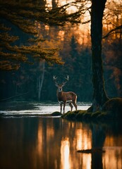 deer in the forest evening Time 