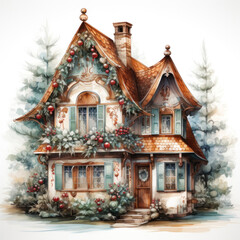 Fototapeta premium A charming illustration of a holiday-themed cottage set amidst a snowy landscape.Greeting cards, holiday illustrations, holiday wallpaper.