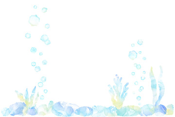 Fototapeta na wymiar 海底から泡が立ちのぼるおしゃれなフレーム。水彩画のグラデーションが美しいイラスト。