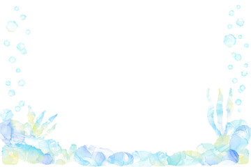 海底から泡が立ちのぼる夏らしいフレーム。水彩画のグラデーションが美しいイラスト。 © Aomi.art