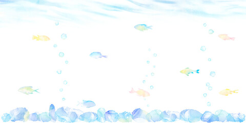 Fototapeta na wymiar 水の中を泳ぐカラフルな熱帯魚の水彩イラスト。可愛い夏向けの素材。
