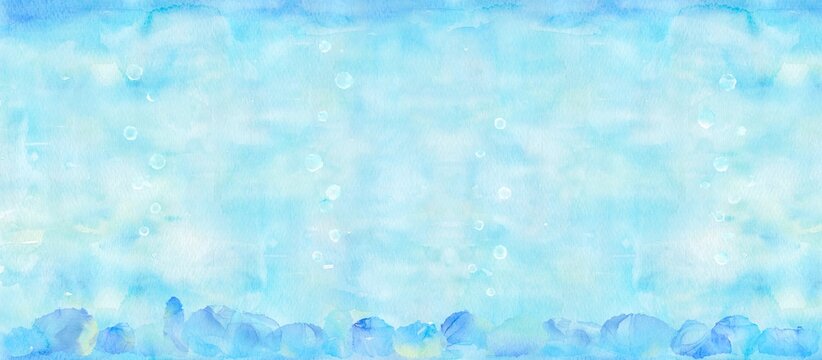 海底から気泡が立ちのぼる水彩イラスト。青色の背景の涼しげな背景素材。