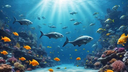 Fototapeta na wymiar World Oceans Day Save Environment,Beautiful Underwater in wild nature background,Generative Ai.