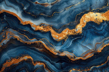 A closeup of an abstract marble pattern, with swirling patterns in shades of blue and gold, evoking the beauty found within agate stone geodes. Created with Ai - obrazy, fototapety, plakaty