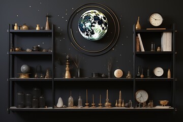 Moonscape Sanctuary: Moon Phase Wall Clock, Black Shelves, and Space-Themed Accessories Collection