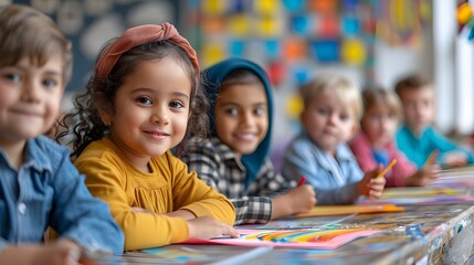 Happy diverse school children drawing in classroom of elementary school together, multiethnic kids boy and girl smiling for group portrait, world children's day