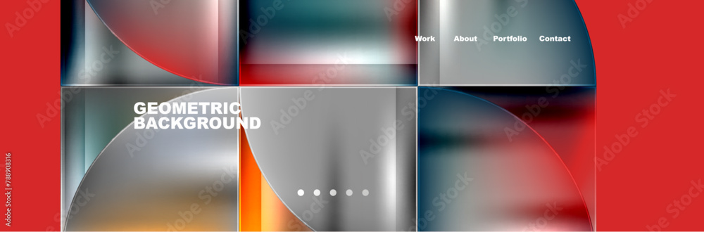 Poster a liquid geometric background featuring rectangles and circles in various tints and shades on a red 