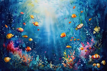 Dance of the sea fantasies: a watercolour look at the underwater world, where every tiny detail is vividly coloured, displaying the beauty and amazing diversity of life in the ocean.