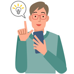 スマホを見ながら笑顔で指さす男性の上半身