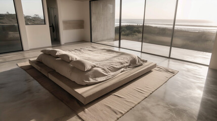 Minimalist master bedroom in a Californian modern home with a low-profile platform bed, earth tones, and soft morning light.