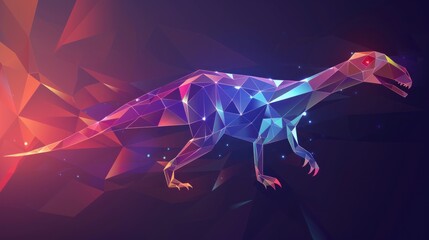 Beautiful low poly illustration with shiny running dinosaur silhouette on the dark background AI generated