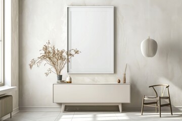 Scandinavian style living room with poster mockup created with generative ai